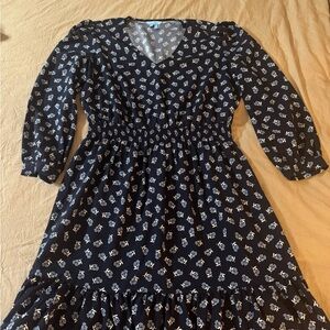 Draper James Navy Floral V-Neck Long Sleeve Midi Dress